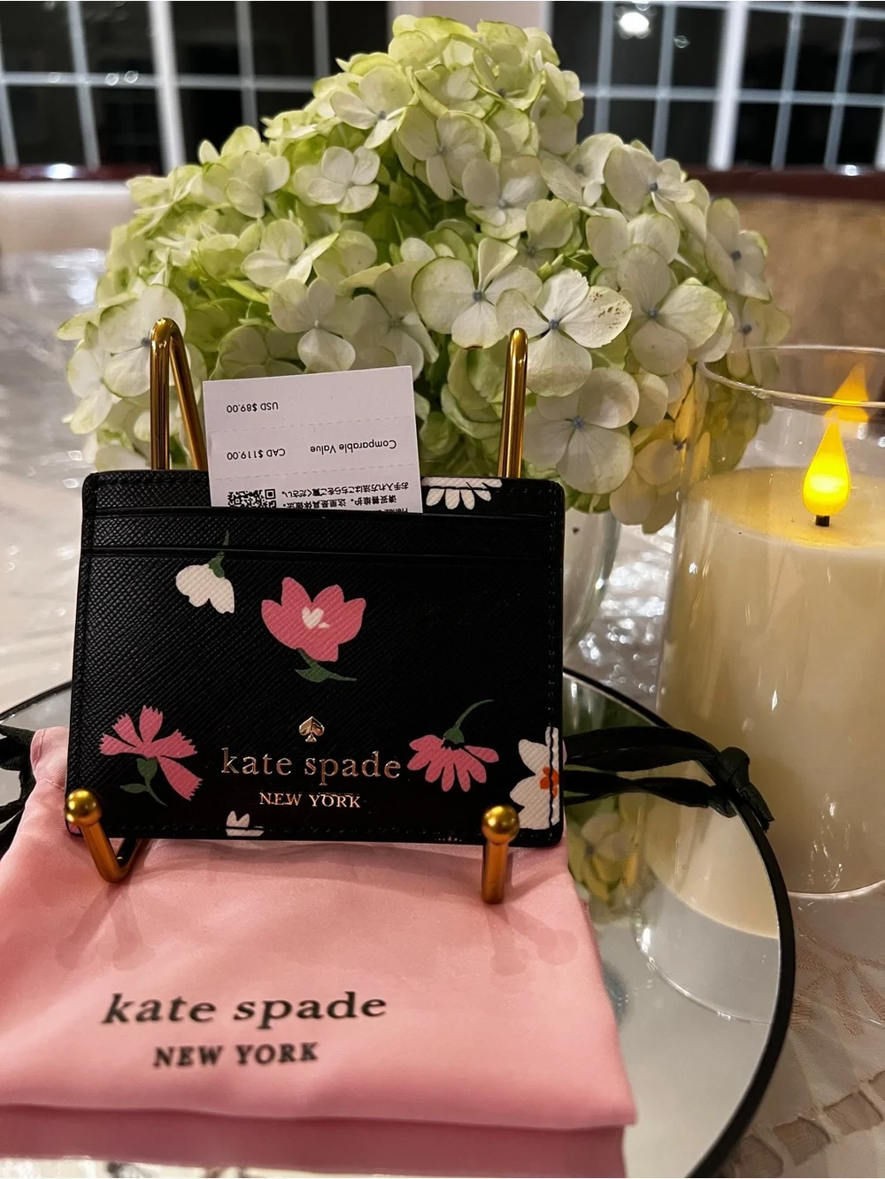 Kate Spade Madison Floral Small Slim Card Holder Black Pink NWT $89